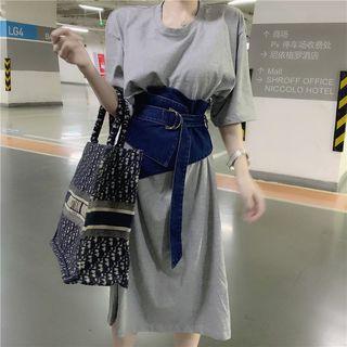 Short Sleeve T-shirt Dress + Denim Corset Belt