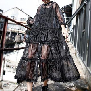 Elbow-sleeve Sheer Midi Shirt Dress Black - One Size