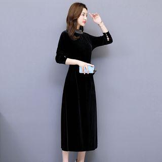 Long-sleeve A-line Midi Velvet Dress With Sash