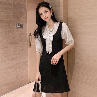 Set: Elbow-sleeve Polka Dot Ribbon Chiffon Blouse + Sleeveless A-line Mini Dress