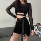 Set: Long-sleeve Mesh Top + Tank Top + Mini Fitted Skirt Top - Black - One Size / Tank Top - Black - One Size / Skirt - Black - One Size