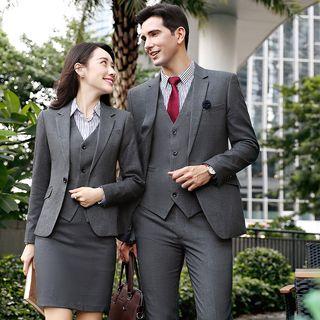 Couple Matching Single-button Blazer / Dress Pants / V-neck Vest / Striped Shirt / Pencil Skirt / Set