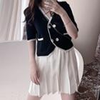 Set: Short-sleeve Double Breasted Blazer + Pleated Mini Skirt Black - One Size