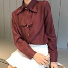 Long-sleeve Plain Tie-neck Blouse Wine Red - One Size