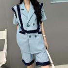Set: Short-sleeve Contrast Trim Double-breasted Blazer + High-waist Contrast Trim Shorts