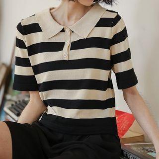 Short-sleeve Collar Striped T-shirt