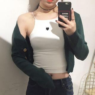 Spaghetti Strap Heart Embroidery Knit Top