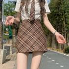 Short-sleeve Plain Shirt / Plaid Tie / Mini Pencil Skirt / Set