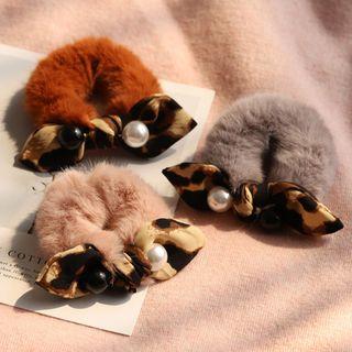 Faux Pearl Leopard Print Bow Chenille Hair Tie