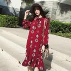 Printed Bow Accent Long Sleeve Chiffon Dress