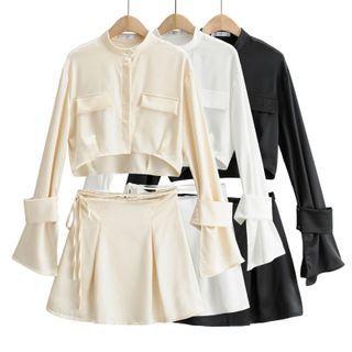 Set: Bell-sleeve Cropped Blouse + Mini A-line Skirt