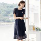 Square-neck Flared Long Lace Dress
