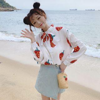 Strawberry Printed Long Sleeve Tie-neck Blouse