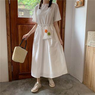 Short-sleeve Drawstring Waist Plain Dress