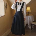 Set: Long-sleeve Bow Blouse + Midi A-line Suspender Skirt
