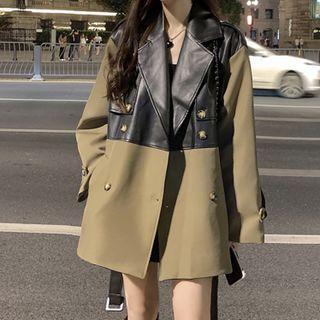 Faux Leather Panel Double-breasted Blazer Green - One Size