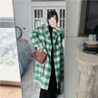 Plaid Loose-fit Long Coat Green - One Size