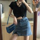 Mini A-line Denim Skirt / Halter Cropped Camisole Top / Short-sleeve Cropped Cardigan