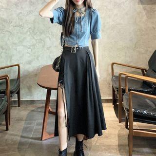 Square-neck Short-sleeve Denim Top / Side-slit Midi A-line Skirt