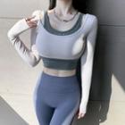 Mock Two-piece Long-sleeve Padded Cropped Sports T-shirt