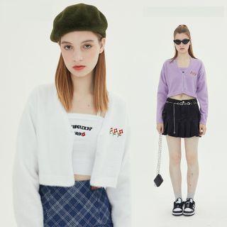 Two Piece: Flower Embroidery Crop Cardigan + Lettering Embroidery Camisole Top