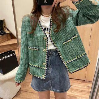 Contrast Trim Tweed Jacket Green - One Size