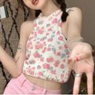 Floral Knit Cropped Tank Top Pink Floral - White - One Size