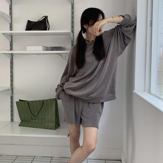 Round-neck Plain Sweatshirt / High-waist Plain Wide Leg Shorts