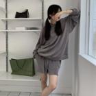 Round-neck Plain Sweatshirt / High-waist Plain Wide Leg Shorts