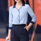 Long-sleeve Open-collar Blouse / Tapered Dress Pants