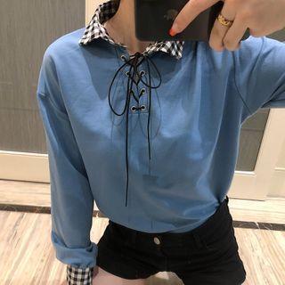 Lace-up Plaid Panel Blouse