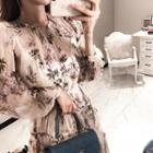 Set: Floral Print Ruffle-trim Chiffon Dress + Floral Print Slipdress