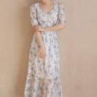 Short-sleeve Floral Print Midi Mermaid Chiffon Dress