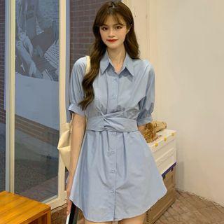 Set: Puff-sleeve Plain A-line Shirtdress + Wide Leg Shorts Blue - One Size