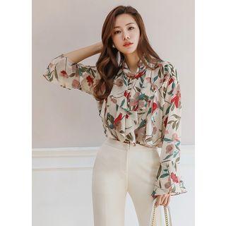 Tie-front Floral Sheer Blouse