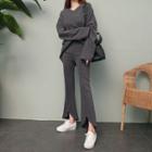 Set: V-neck Top + Band-waist Slit-front Pants