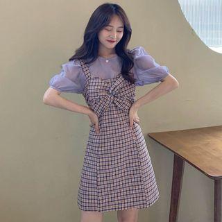 Puff-sleeve Blouse / Plaid Mini A-line Overall Dress