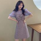 Puff-sleeve Blouse / Plaid Mini A-line Overall Dress