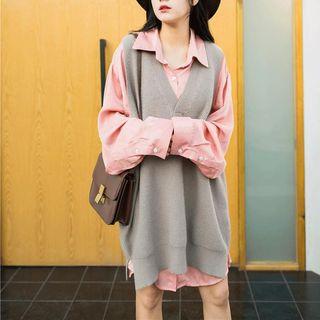V-neck Knit Vest Gray - One Size