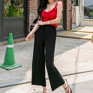 Set: Ruffle Trim Camisole Top + High-waist Cropped Wide-leg Pants