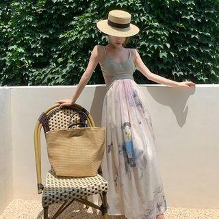 Spaghetti Strap Cut-out Printed Maxi A-line Dress