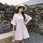 V-neck Lace-up Elbow-sleeve Dress