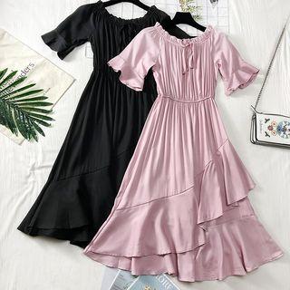 Boatneck Ruffled-trim A-line Dress