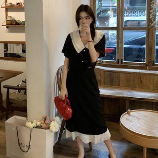 Set: Contrast Collar Cropped Blouse + Midi A-line Skirt Set Of 2 - Black - One Size