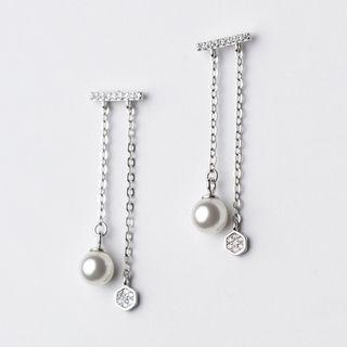 Pearl Rhinestone Tasseled Sterling Silver Earring