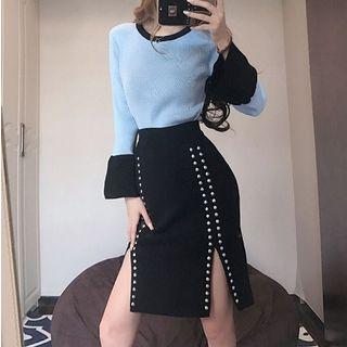 Set: Long-sleeve Panel Knit Top + A-line Rivet Skirt Set Of 2 - Top - Blue - One Size / Skirt - Black - One Size