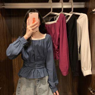 Lace Trim Square-neck Shirred Blouse