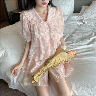 Striped Short-sleeve Button Layered Mini A-line Dress