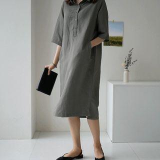 Elbow-sleeve Slit Shirt Dress