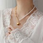 Stainless Steel Heart Pendant Faux Pearl Choker Chain & Faux Pearl Chain - Necklace - One Size